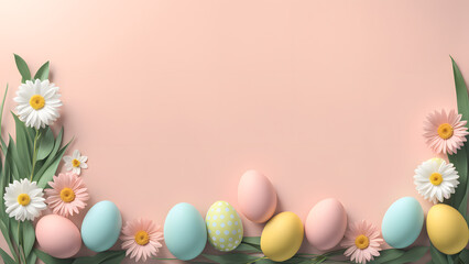 3D Beauty Easter Day Pastel Background with Floral Arrangement of Flowers, Leaves, and Eggs. Exhibiting a Unique Composition for a Simple Modern Minimalist Banner Concept.