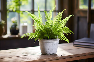 Green fern in a pot on a wooden table in a cafe