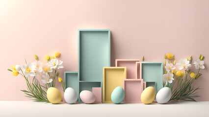 3D Beauty Easter Day Pastel Background Incorporating Floral Arrangement of Flowers, Leaves, and Eggs. Depicting a Unique Composition for a Simple Modern Minimalist Banner Concept.