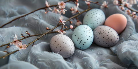 Naklejka na ściany i meble Beautiful Easter eggs and spring branches on fabric background, closeup