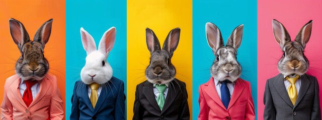 Funny rabbits or bunny in suits and tie, on color background in row. Fancy rabbit banner, Easter bunny, Easter. - obrazy, fototapety, plakaty