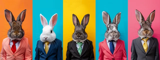 Fotobehang Funny rabbits or bunny in suits and tie, on color background in row. Fancy rabbit banner, Easter bunny, Easter. © PixelCharm