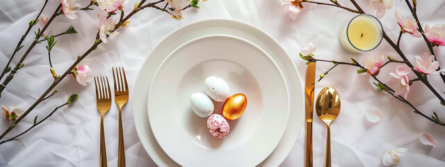 minimal table setting with white plate, golden cutlery, Easter eggs and spring branches - Powered by Adobe