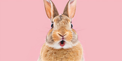 Shocked rabbit with big eyes isolated on pink background, cute and surprised face, Studio portrait of surprised rabbit, banner poster wit copy space. - obrazy, fototapety, plakaty