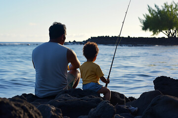 A father and son are fishing together on rocks by the ocean, with the father guiding the child’s learning process.