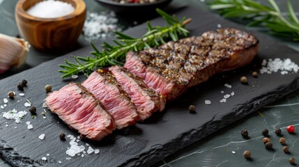 Freshly cut raw steak arranged on a black slate board with garlic, rosemary, and peppercorns. - obrazy, fototapety, plakaty