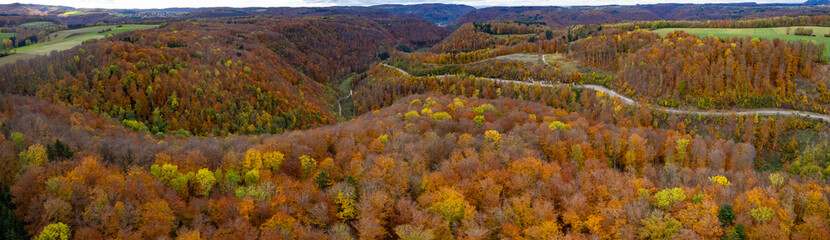 Aerial view of the forest in the Schwäbisch alps  in autumn.