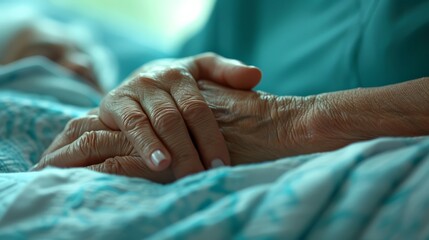 Fototapeta premium A heartwarming photo capturing a young female doctor gently holding the hand of an elderly person, conveying a deep sense of care, support, and compassion in a medical setting.