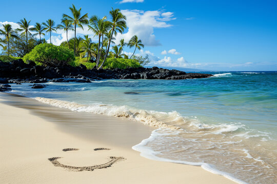 Smiley Face Drawn in Sand on Hawaiian Beach