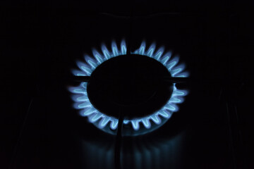 Close-up of a gas stove burner with a vibrant blue flame in a dark setting; concept of cooking, energy, and natural gas.