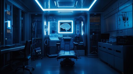 An advanced MRI scanner in a state-of-the-art medical diagnostic room with a brain scan illustration on the display.