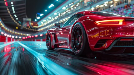 A sleek red sports car races along a vibrant, illuminated track at night, showcasing speed and...