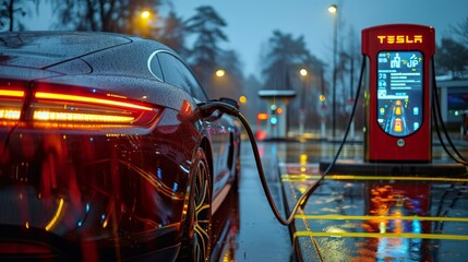 A modern electric sports car is plugged in and charging at an urban charging station during a rainy...