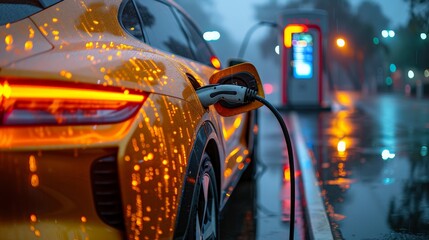 A modern electric sports car is plugged in and charging at an urban charging station during a rainy evening.