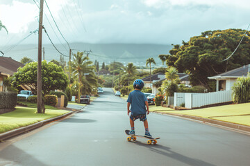 A young boy energetically rides his skateboard down a street in a residential neighborhood in Hawaii