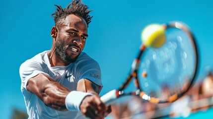 Focused tennis player hitting a forehand shot with intensity during a competitive match under clear blue skies. - obrazy, fototapety, plakaty