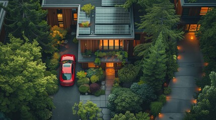 A red electric car parked at a charging station with large solar panels in the background, illustrating sustainable energy use in transportation.