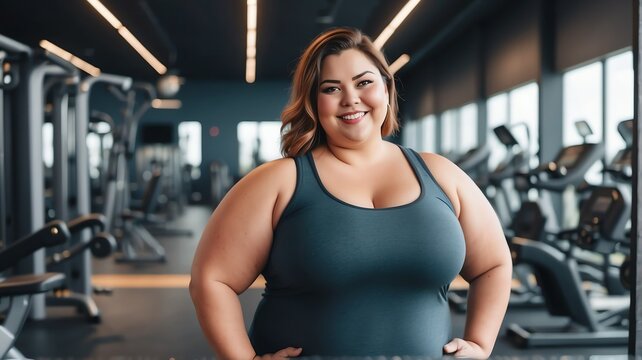 Handsome young overweight woman on a fitness center gym smiling on the camera from Generative AI