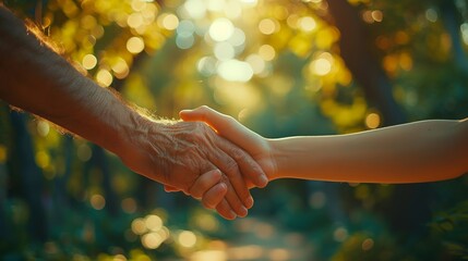 A heartwarming close-up of two people holding hands in a strong grip, symbolizing support and love, against a backdrop of a golden sunset. - obrazy, fototapety, plakaty