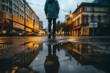 Reflection of a man in a puddle on a rainy day
