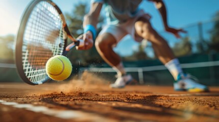Focused tennis player sliding to hit a backhand on a sunlit clay court during a competitive match. - obrazy, fototapety, plakaty