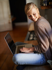 Remote work, laptop and happy woman in a house for research, planning or web communication....