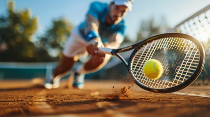 Focused tennis player sliding to hit a backhand on a sunlit clay court during a competitive match.