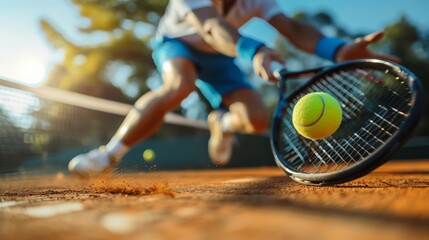Focused tennis player sliding to hit a backhand on a sunlit clay court during a competitive match.