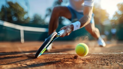 Focused tennis player sliding to hit a backhand on a sunlit clay court during a competitive match.