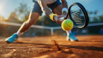 Fotobehang Focused tennis player sliding to hit a backhand on a sunlit clay court during a competitive match. © WARAPHON