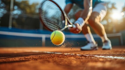 Focused tennis player sliding to hit a backhand on a sunlit clay court during a competitive match. - obrazy, fototapety, plakaty
