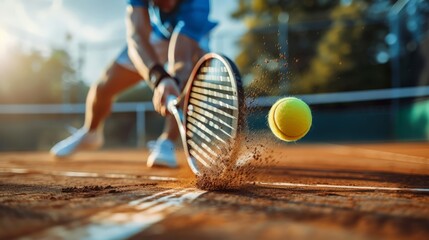 Focused tennis player sliding to hit a backhand on a sunlit clay court during a competitive match.