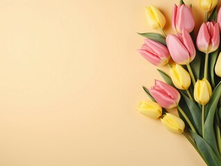 Bouquet of pink and yellow tulips on beige background