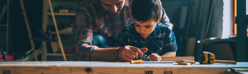 Parent teachs their children to use tools. Banner