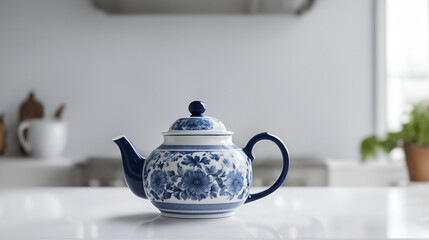 A retro white porcelain teapot with blue traditional handmade motifs on white kitchen counter -...