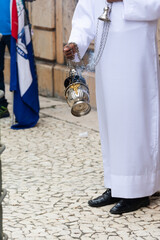 Members of the Catholic church are seen during a procession in honor of Nossa Senhora da Conceicao...