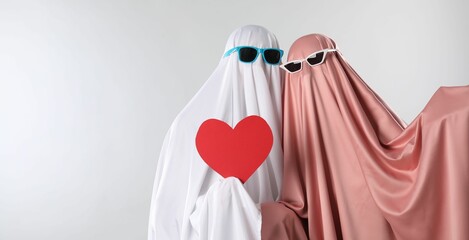 Cute ghosts. Couple in color sheets and sunglasses with red heart on light grey background, space...