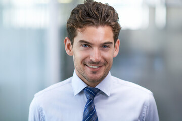 Business man, portrait and office for formal, happy and professional financial advisor. Male...