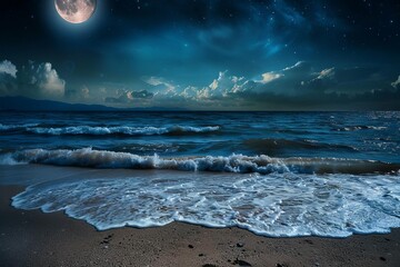 Gentle waves lapping at a sandy beach under a moonlit sky Creating a serene nighttime seascape. - obrazy, fototapety, plakaty