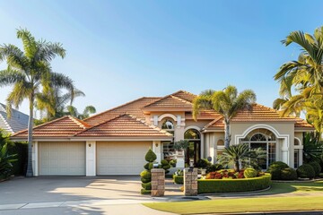 Obraz premium Warm Suburban House with Palm Trees and Terracotta Roof