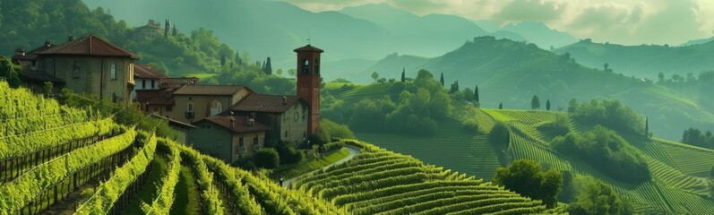 Vineyards in countryside background . Banner