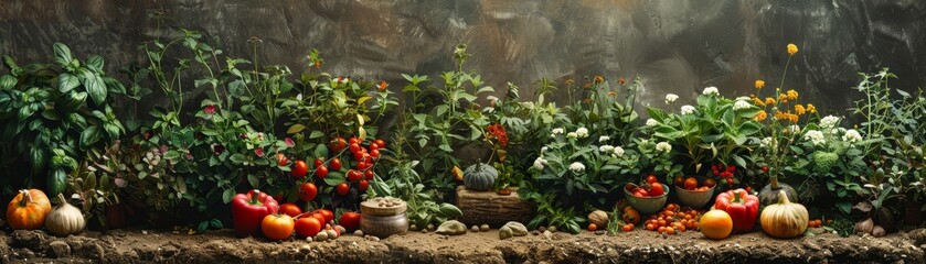 Fototapeta na wymiar Herb and spice panorama from garden to kitchen