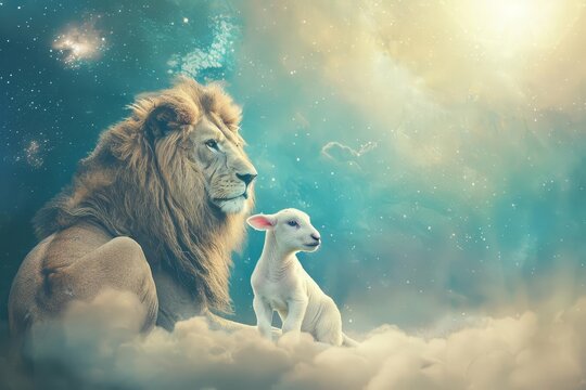 Harmonious image of the lion of judah beside the lamb of god Symbolizing peace and power Set against a celestial background