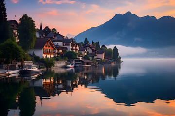 Naklejka premium Sunrise on Hallstatt lake in summer, Salzburg, Austria