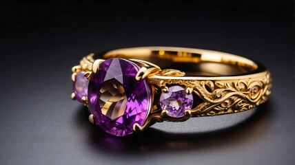 Close up of a shiny amethyst gemstone on a golden ring on plain black background from Generative AI