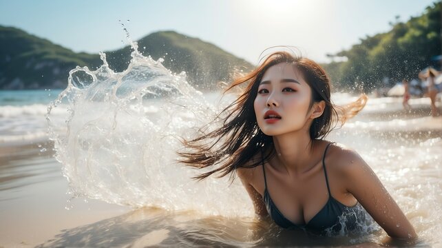Beautiful young korean woman on beach with water splash on summer vacation with sunlight rays from Generative AI