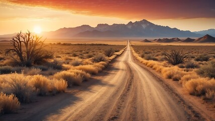 Dirt road wild west road landscape at sunset from Generative AI