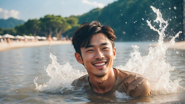 Handsome smiling young japanese man on water splash on summer beach vacation with sunlight rays from Generative AI