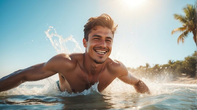 Handsome smiling young man on water splash on summer beach vacation with sunlight rays from Generative AI