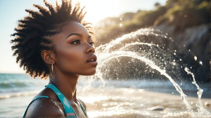 Beautiful young black african woman on beach with water splash on summer vacation with sunlight rays from Generative AI
